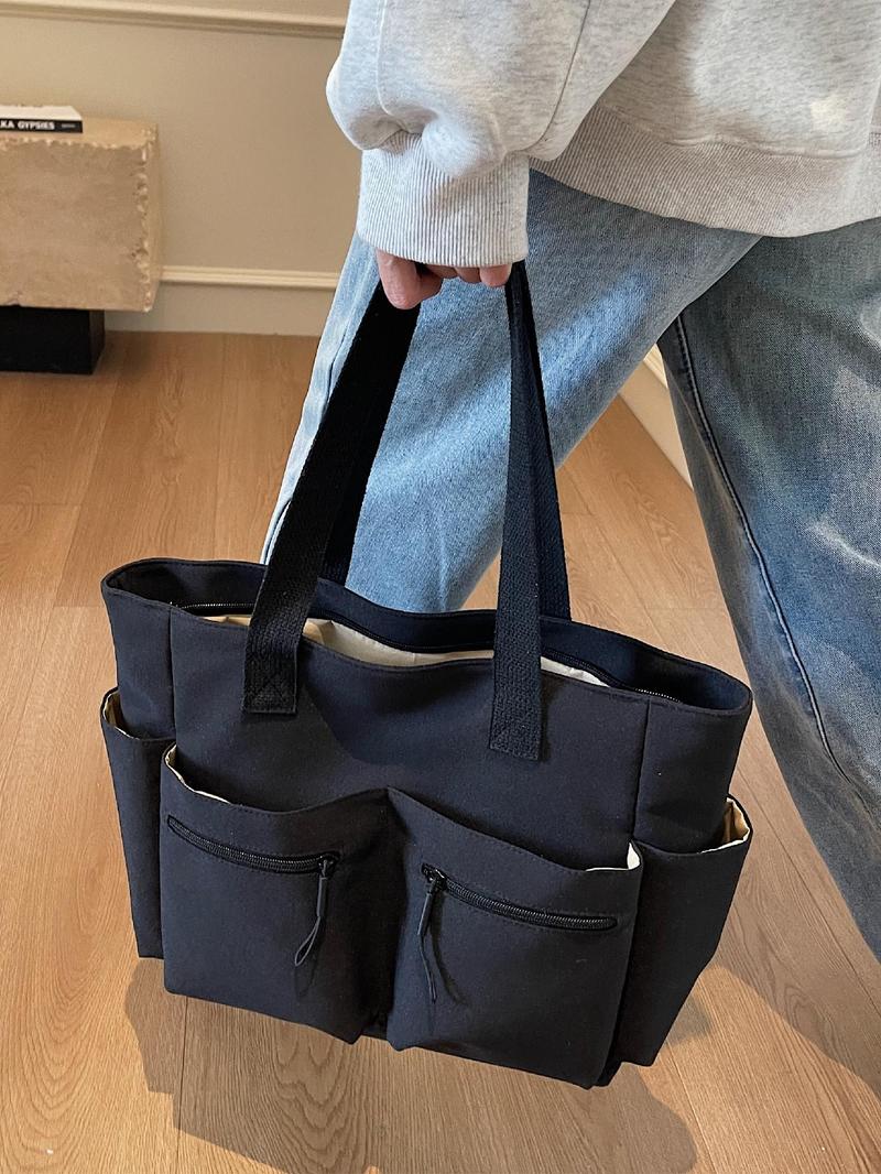 Product Introduction of Women's Solid Color Zipper Handbag, Large Capacity Multi-pocket Design Tote Bag, Casual Versatile Shoulder Bag for Daily Used 2