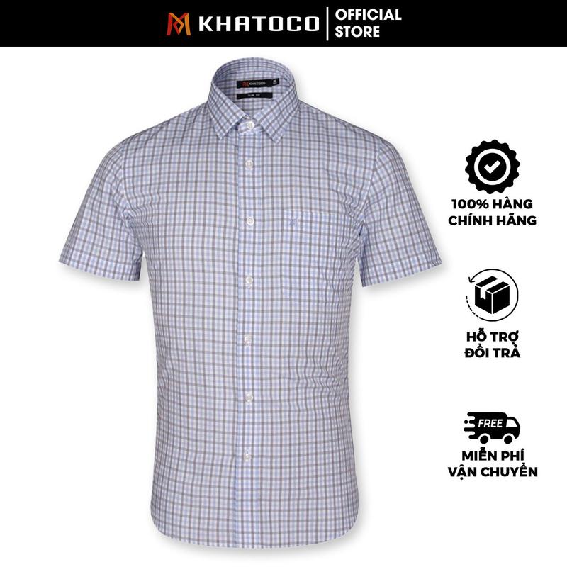 Sơ Mi Caro Tay Ngắn - Màu Xanh Dương - Trắng, Form Slim Fit Chống Nhăn, Lai Bầu - Áo Nam Khatoco Menswear