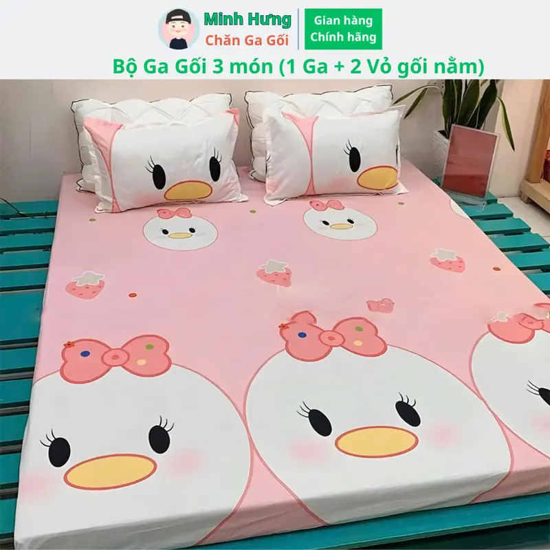 (Bộ Ga Bo Chun) Bộ Drap mẫu VỊt Hồng, Kích thước ga đệm m2, m6, m8, 2m2, Vải Poly Cotton cao cấp 0