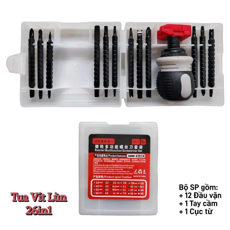 Bộ Hộp Tua Vít Lùn CRV Với 24 Đầu Mũi Vít, Tua Vít Có Chức Năng Đảo Chiểu, Trợ lực, Mũi Thép CR-V Siêu Cứng Bền Bỉ, Có Nam Châm Nạp Từ máy  tháo tua  vít 1