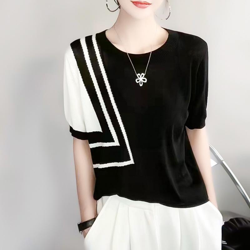 Áo Thun ngắn Tay Chất Liệu Lụa Lạnh Hàng Mới Về Mùa Hè, Dành Cho Nữ, Mỏng Và Không Đều, Có Màu Tương Phản Và Sọc, Cổ Tròn, Dáng Ôm, Áo Len Xếp Ly Top Women 1