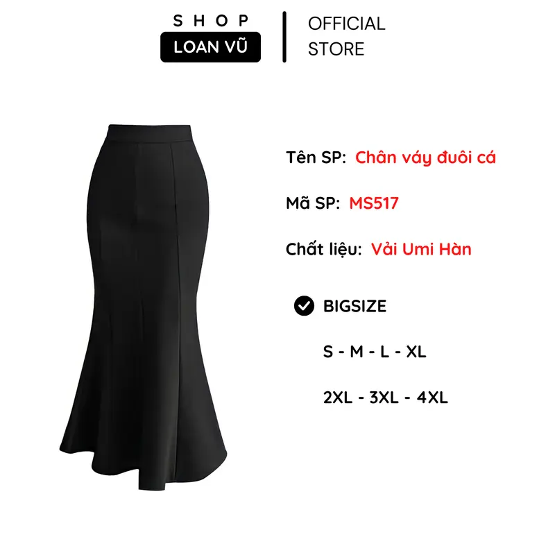 [BIGSIZE Nữ ] Chân váy  đuôi cá chất umi bản cạp chun - 8 mảnh - xẻ sau - dài ~85cm - ms517 0