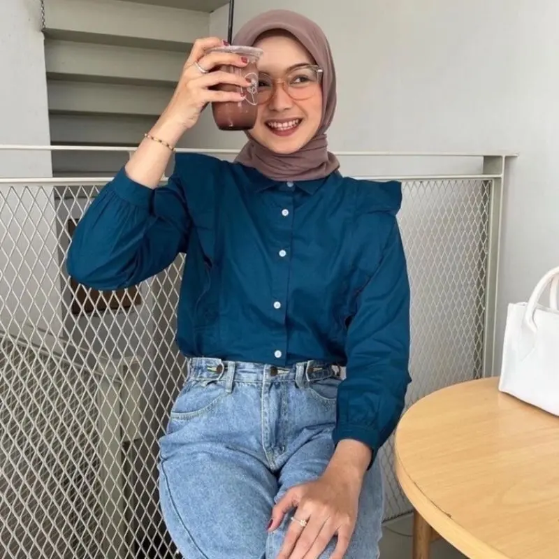 Zia blouse linen rami kemeja wanita kekinian Kancing Variasi Rempel Panjang Atasan 1