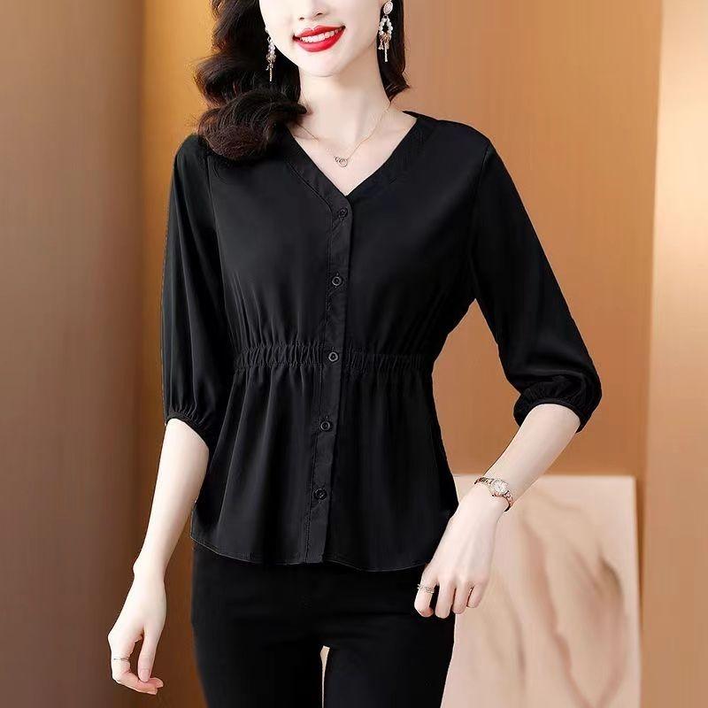 Product Introduction of OEMG Women's Shirt Loose plus Size Spring and Summer New Three-Quarter Sleeve Cinched Blouse Chiffon Shirt Belly-Covering Slimming Top 10