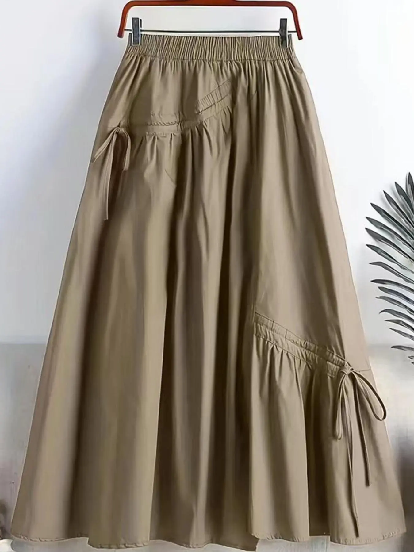 【Plus Size】 Solid Drawstring Waist Cargo Skirt, Casual Fashion A Line Midi Skirt for Daily Outdoor Wear, Women's Bottoms for Spring & Fall