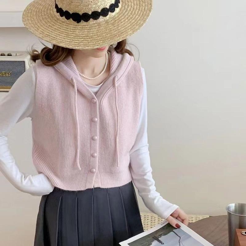Áo Ghi Lê Cardigan Không Tay Có Mũ Trùm Đầu, Thiết Kế Ngắn, Hàng Mới Về, Áo Ghi Lê Dệt Kim, Áo Vest Dáng Rộng, Áo Khoác Len, Quần Áo Nữ, Năm 2024 6