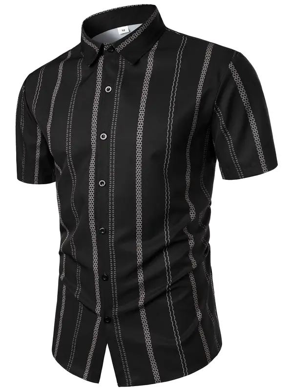 Men's Regular Fit Striped Print Button Front Shirt, Casual Short Sleeve Collar Top for Summer, Fashion Men's Clothes for Daily Wear 7