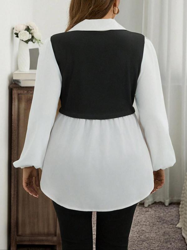 Women's Colorblock 2 In 1 Long Sleeve Button Collared Blouse, Casual Bishop Sleeve Collar Top for Spring & Fall, Women's Clothes for Daily Wear 5