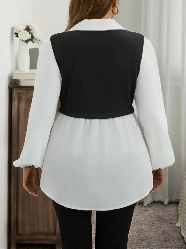 Women's Colorblock 2 In 1 Long Sleeve Button Collared Blouse, Casual Bishop Sleeve Collar Top for Spring & Fall, Women's Clothes for Daily Wear 5
