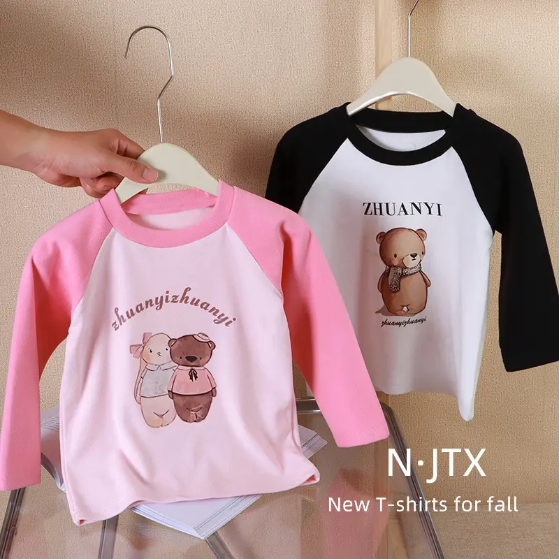 Baby Girl Cartoon Bear Fleece Long Sleeve T-Shirt Top Round Neck Baby Toddlers