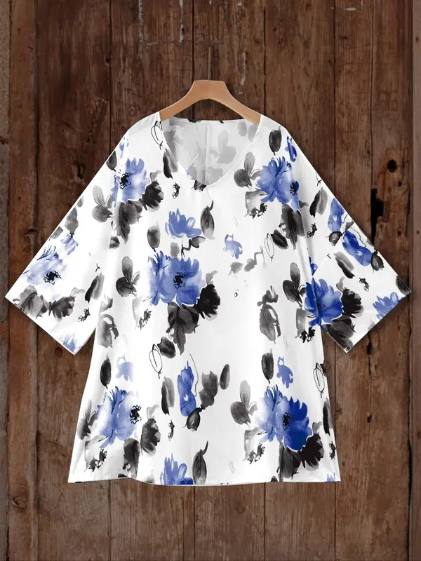 【Plus Size】 Floral Print Curved Hem Cover Up Top, Casual Half Sleeve V Neck Top for Summer, Women's Plus Clothing for Daily Wear, Shirts 2