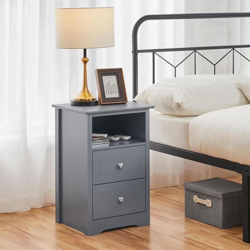 2pcs Bedside Table, Wooden Nightstand Cabinet Unit with 2 Drawers and Open Cubby Set of 2, Modern Sofa Side End Table for Living Room/Bedroom/Small Space, 35 x 40 x 60cm, Dark Gray 1
