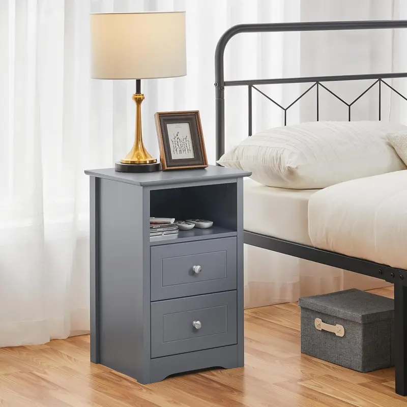 2pcs Bedside Table, Wooden Nightstand Cabinet Unit with 2 Drawers and Open Cubby Set of 2, Modern Sofa Side End Table for Living Room/Bedroom/Small Space, 35 x 40 x 60cm, Dark Gray 1