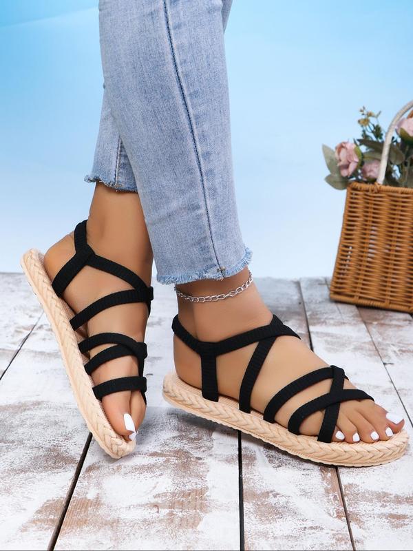 Women's Fashionable Plain Color Slip on Sandals, Casual Comfortable Criss Cross Design Anti Slip Soft Soled Flat Sandals for Beach, Outdoor, Daily Wear 2