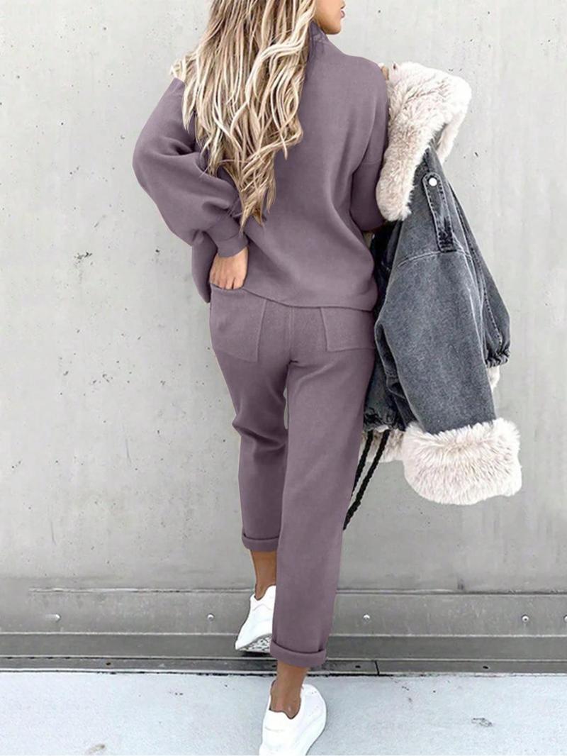 Product Introduction of Women's Solid Drop Shoulder Mock Neck Sweatshirt & Drawstring Waist Pants Two-piece Set, Casual Fashion Cozy Breathable Two Piece Outfits for Daily Outdoor Wear, Women Clothes for Fall & Winter 6