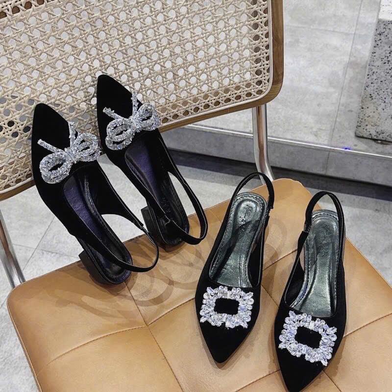 Giày sandal nhung nơ lấp lánh form rộng DéP Nữ Shoes Len vừa quai hậu