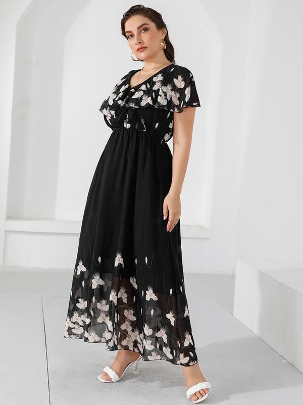 Plus Floral Print Ruffle Hem Flounce Sleeve Chiffon Long Dress, Summer Clothes Women, Casual V Neck Short Sleeve A Line Dress for Summer, Women's Clothes, Plus Size Women's Dresses 3