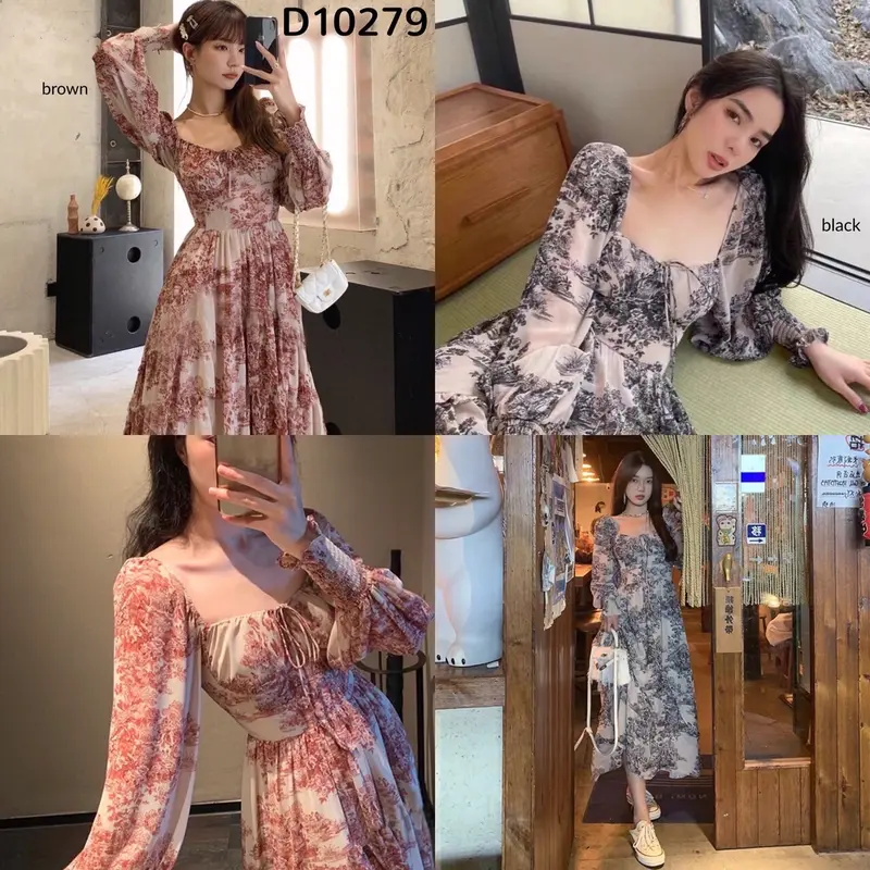 D10279 Dress Midi Vintage Model Serut Tali Wanita 0