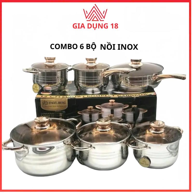 Bộ nồi inox công nghệ Đức mẫu mới gồm 6 món 12 chi tiết hàng Đáy 5 lớp inox dùng cho bếp từ, bếp hồng ngoại, bếp ga.