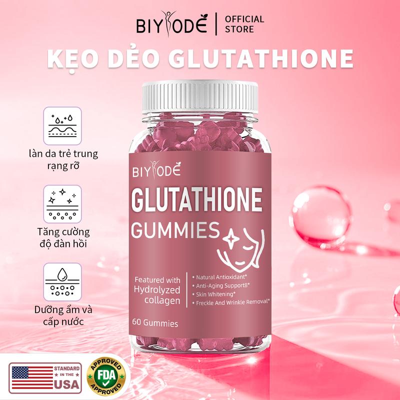 [24H] Mẫu glutathione bán chạy chính thức của BIYODE - trẻ hóa da mặt hỗ trợ kẹo dẻo, vitamin ,collagen,glutathione xua đuổi đen, bảo vệ trắng, tự nhiên, Chống lão hóa,thực phẩm bổ sung chay làm trắng Hỗ trợ 60 miếng kẹo dẻo   collagen