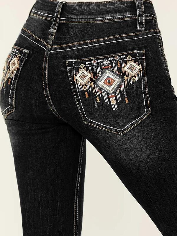 Women's Vintage Embroidering Design Button Fly Pocket Jeans, Casual Fashion Trousers for Daily Wear, Valentine's Day Gift, Ladies Bottoms for Fall & Winter 3