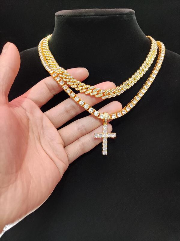 Luxury Artificial Zircon Cross Pendant Necklace & Rhinestone Cuban Chunky Chain Necklace, Sparkly Hip Hop Iced Out Bling Bling Punk Necklaces for Party Decor 7