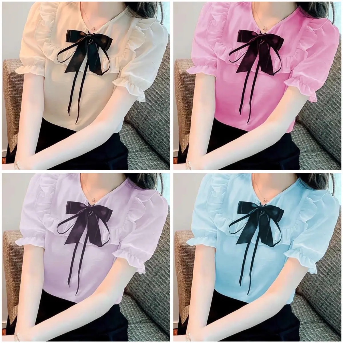 [Hàng Đẹp] Áo Sơ Mi Nữ Đính Nơ tay ngắn cổ tròn Gloria Shop  - Ảnh Thật Sơ mi kiểu A1 Kem-Hồng-Tím-Xanh