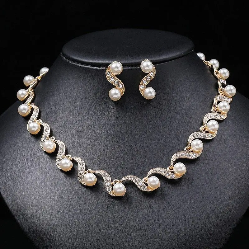 Bộ Vòng Cổ và hoa tai ngọc trai, phong cách Âu Mỹ cao cấp Hợp Xu hướng dành cho phụ nữ, bộ hai mảnh, giá cả phải chăng, sang trọng, độc đáo và Dễ Phối Đồ Dây Chuyền áo len, Dây Chuyền Xương Đòn làm bằng hợp kim