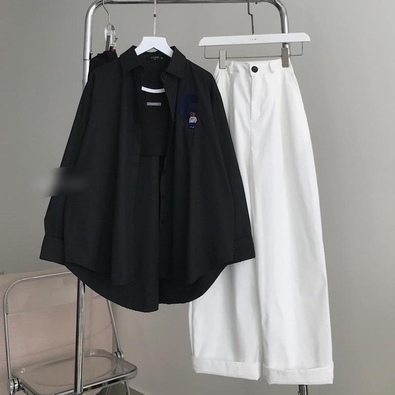 Sét Áo Sơ Mi gấu + Quần kaki hot trend 2025  Women Nữ Top