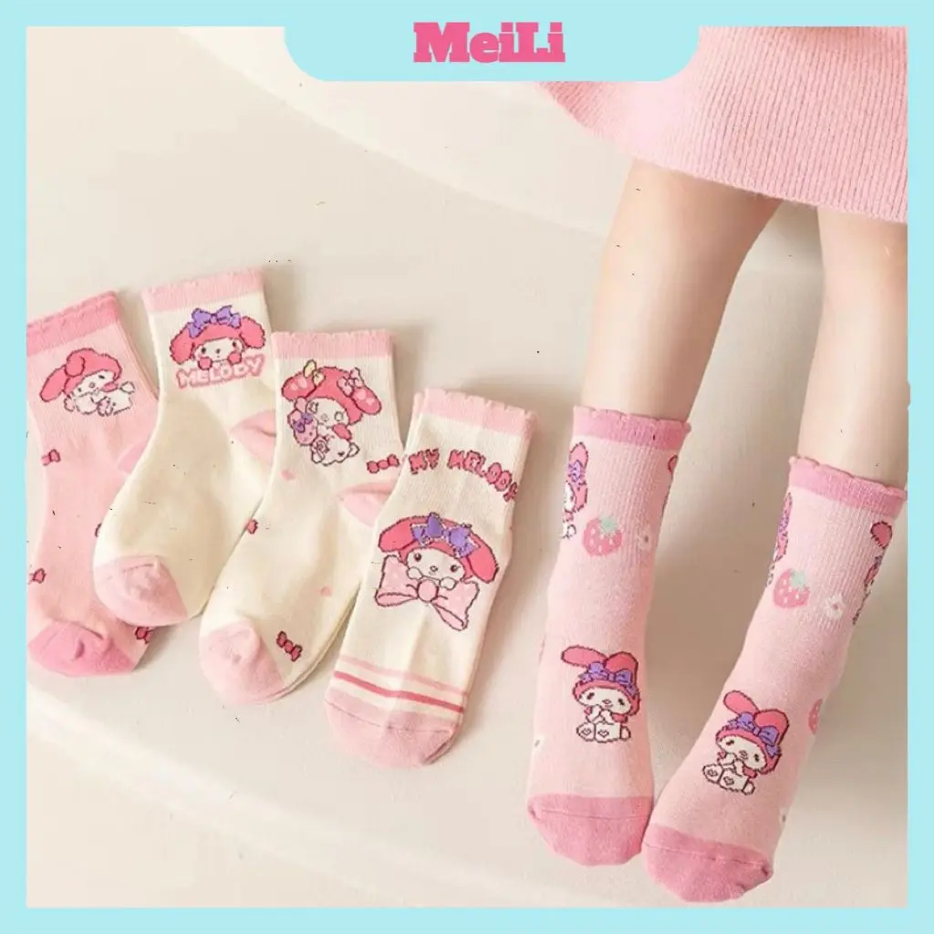 Set 5 đôi tất MELODY - Tất cotton cho bé màu Hồng Cô Gái cổ cao sợi bông mềm mại thoáng khi khử mùi(tuyển sỉ)
