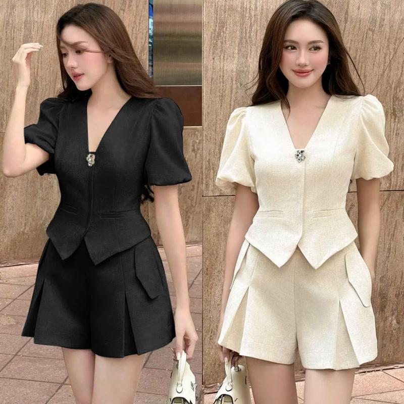 Mã T81 set đồ nữ áo cổ tim đính hoa tay phồng quần short tây