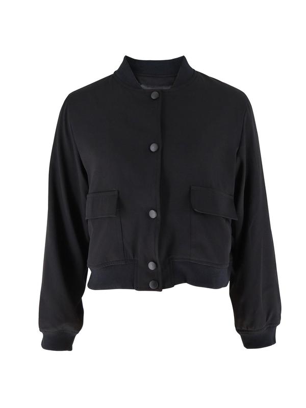 Women's Plain Flap Pocket Crop Bomber Jacket, Designer Jacket, Casual Comfort Long Sleeve Button Front Varsity Jacket, Lady Outerwear for Daily Wear, Womenswear, Coat, Winter Top, Longsleeves Tops for Women, Womenswear 3