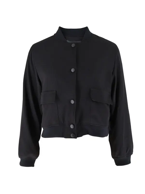 Women's Plain Flap Pocket Crop Bomber Jacket, Designer Jacket, Fitted Casual Comfort Long Sleeve Button Front Varsity Jacket, Lady Outerwear for Daily Wear, Womenswear, Coat, Winter Top, Longsleeves Tops for Women, Womenswear, Clothes for Women 2