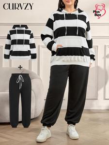 CURVZY Plus Size Two-Piece Set Colorblock Striped Print Hoodie & Plain Elastic Waist Sweatpants, Casual Fashion Cozy Round Neck Long Sleeve Hooded Sweatshirt & Pocket Jogger Trousers for Daily Outdoor Wear, Women's Two-piece Outfits for Fall & Winter