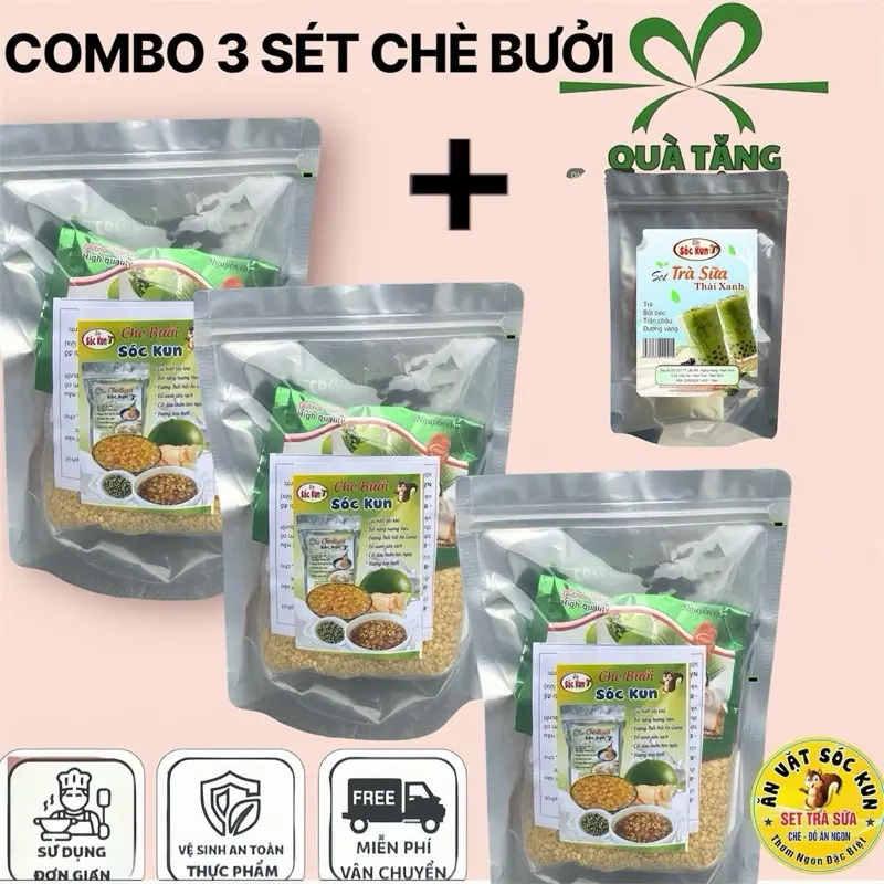 COMBO 3 SÉT CHÈ BƯỞI TẶNG 1 sét TRÀ SỮA TRÂN CHÂU (10-12ly) —3 sét chè bưởi nấu 30-40 bát chè thơm ngon béo ngậy kèm công thức _ SÓC KUN 0