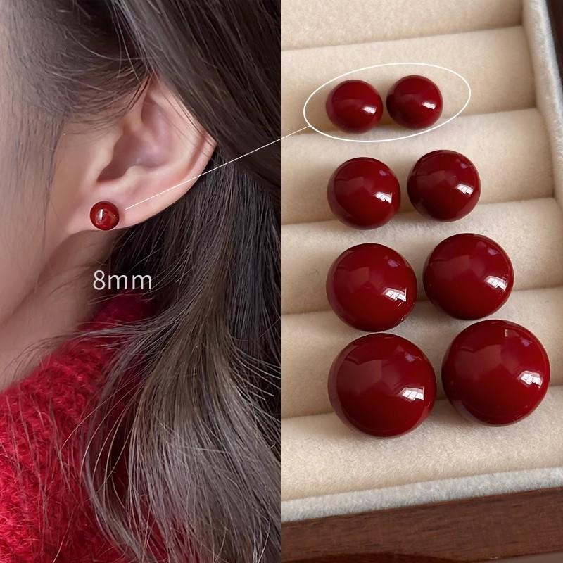 Product Introduction of Ankela Red Steamed Bread Pearl Stud Earrings for Women Light Luxury Minority Simple All-Matching Graceful Bread Bead Beanie Earrings Earrings 23