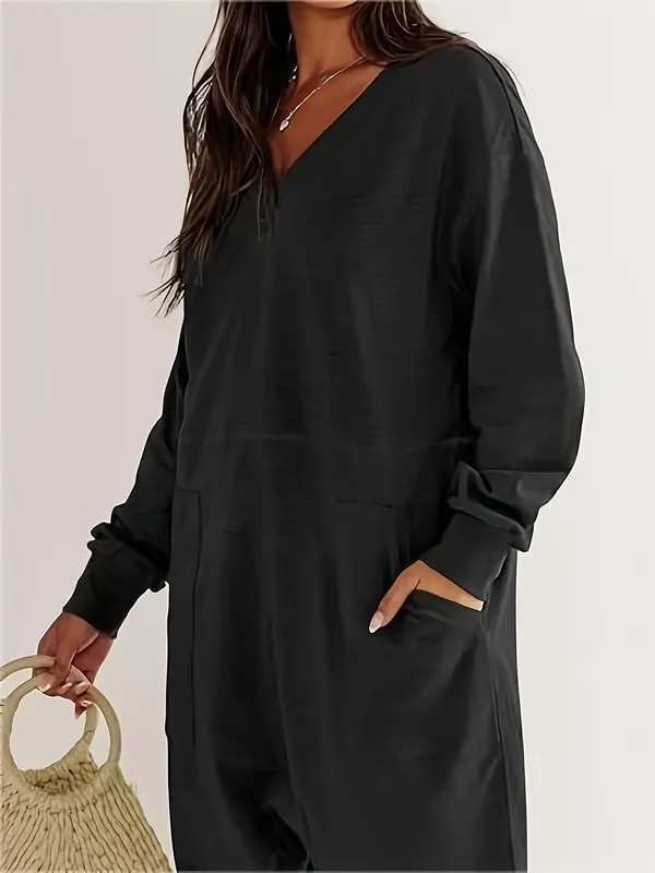 Women's Solid Color V Neck Long Sleeve Jumpsuit, Casual Comfy Pocket Jumpsuit for Fall & Winter, Women's Jumpsuit for Daily Wear 3