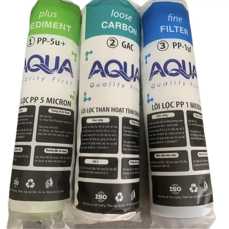 Bộ lõi lọc nước Aqua first 1,2,3 bao gồm lõi 1 Pp 5, lõi 2 than hoạt tính OCB - GAC, lõi 3 PP 5, dùng thay thế cho máy lọc RO thông thường cốc 10 inch, lọc tạp chất , rong rêu, bùn đất, mùi màu không tốt trong nước 0