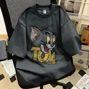 Kaos Lengan Pendek Motif Kartun Grafiti Tom Gaya Retro Trendi, 100% Katun, Potongan Longgar, Ukuran Besar, Kerah Bulat, Unisex