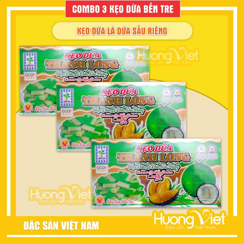 COMBO 3 KẸO DỪA LÁ DỨA SẦU RIÊNG Thanh Long 300g, vị kẹo truyền thống, kẹo dừa Bến Tre nổi tiếng