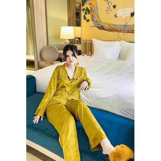 C23 Bộ ngủ pyjama dài tay nữ xinh xắn chất lụa mềm mịn quảng châu cao cấp Bộ mặc nhà sang chảnh thanh lịch