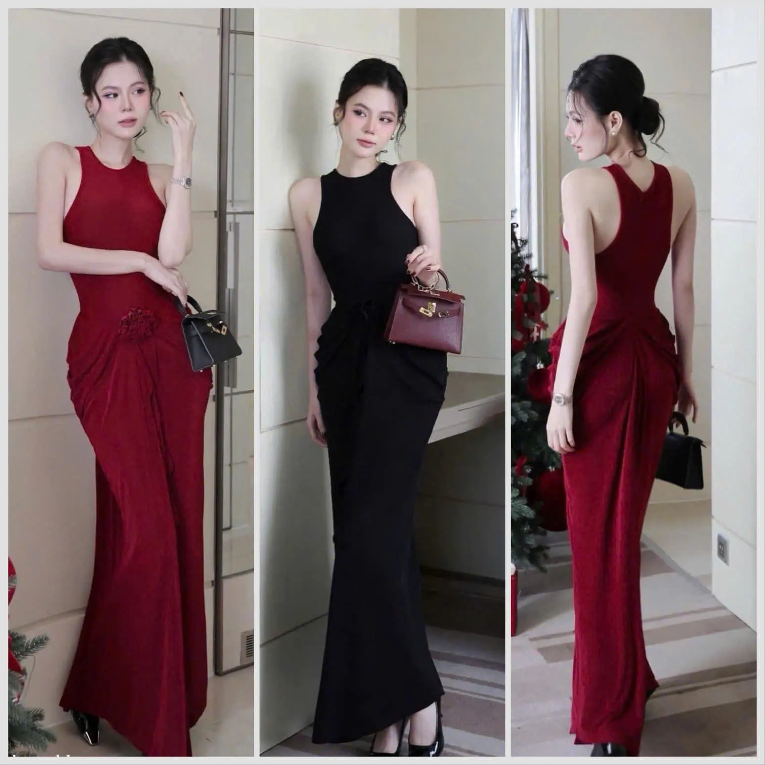 Đầm váy nữ ba lổ dáng maxi nhún eo hông đính hoa tua rua sang chảnh , đầm mặc đi chơi đi tiệc - thun ladong 945  Dress Women Nữ Đỏ