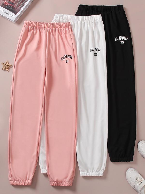 Girl's Letter Print Elastic Waist Pants, Casual Comfy Trousers for Daily Outdoor Wear, Girls Bottoms for Spring Fall, Kids Clothes 4