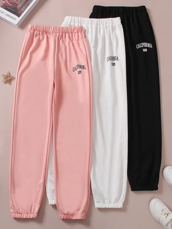 Girl's Letter Print Elastic Waist Pants, Casual Comfy Trousers for Daily Outdoor Wear, Girls Bottoms for Spring Fall, Kids Clothes 4