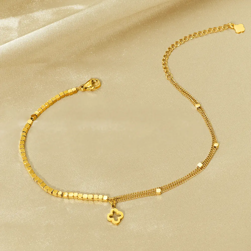 Summer Simple And Versatile Double Layered Broken Silver Clover Bracelet For Women'S New Style, Light Luxury, Small And Unique Titanium Steel Foot Chain