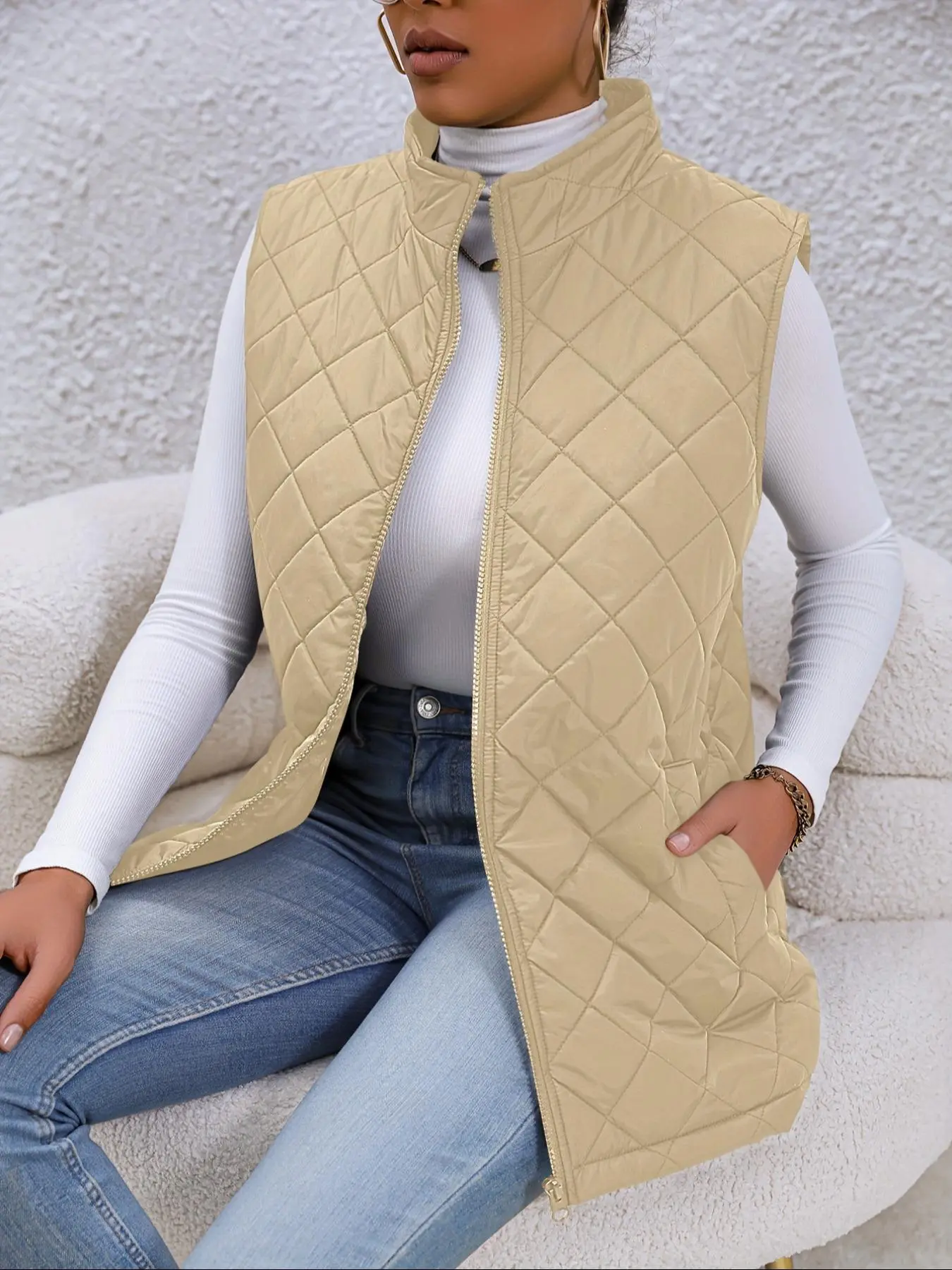 Women's Solid Mock Neck Zip Up Quilted Puffer Vest Coat, Essential Casual Pocket Sleeveless Outerwear for Fall & Winter, Women's Clothes for Daily Wear, Women's 2024 Winter Outfit
