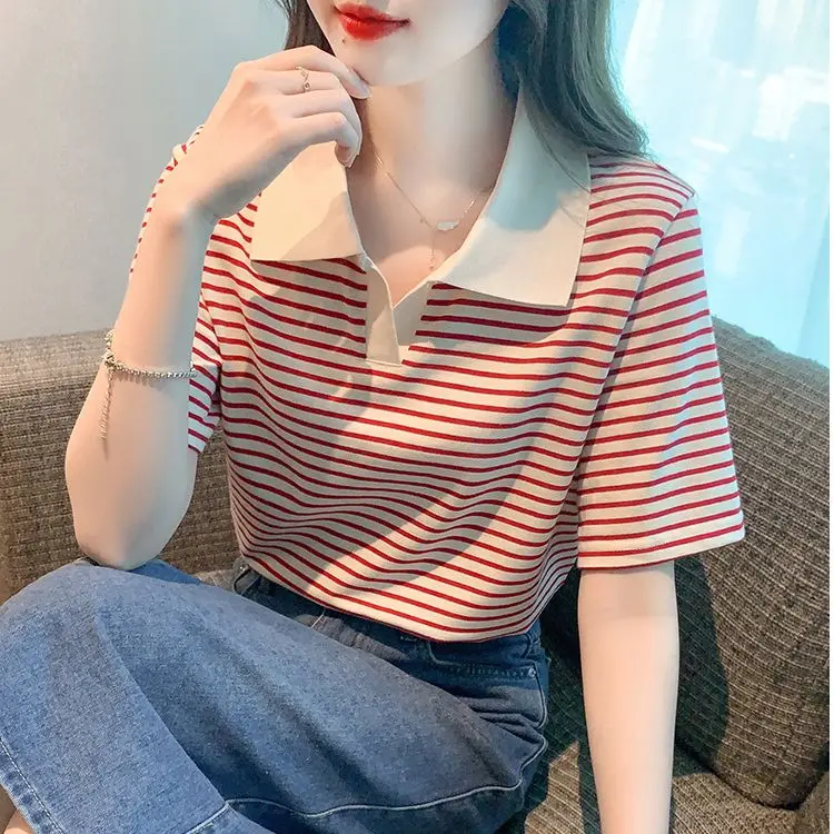 Áo Thun Nữ Ngắn Tay Kẻ Sọc, Cổ Polo, Chất Liệu Cotton Chải Kỹ, Thời Trang Mùa Hè, Áo Polo, Áo Sơ Mi Nữ, Thời Trang, Hàng Mới Về Năm 2025
