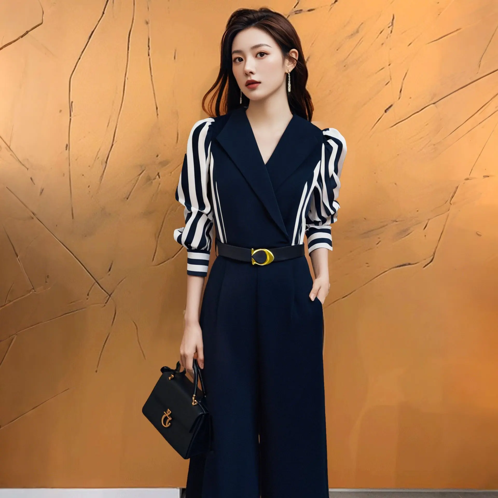 Áo Jumpsuit Quần Nữ, A, Hàng Mới Về Mùa Xuân 2025, Thanh Lịch, Chắp Vá Sọc Đi Lại, Cạp Cao, Có Thắt Lưng, D0522, Kèm Thắt Lưng