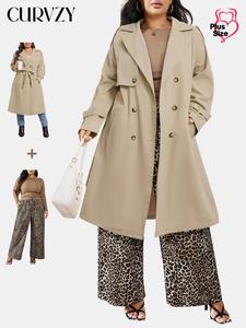 CURVZY Plus Size Women's Ruched Top & Leopard Print Pants & Trench Coat Three-piece Set, Women's Clothing for All Seasons