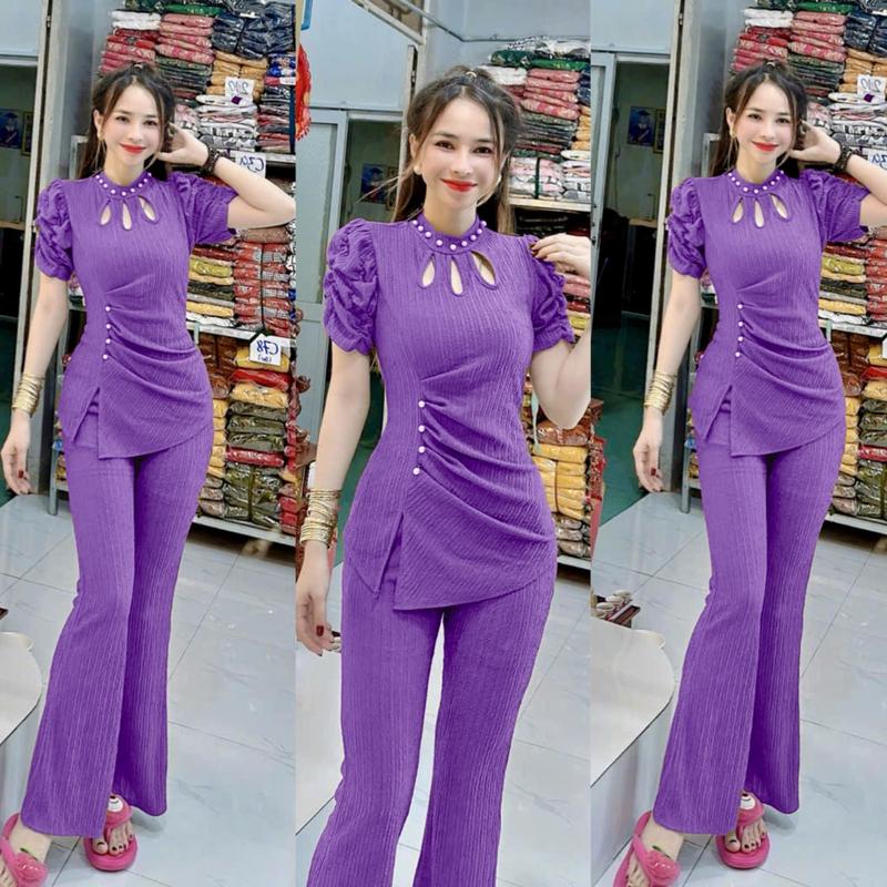 TH20- SÉT ĐỒ BỘ THUN XỐP ÁO KIỂU TAY NHÚN THUN - QUẦN ỐNG LOE Nhung Nữ Women Top